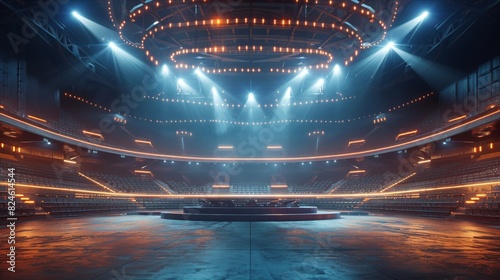 Central stage illuminated by powerful spotlights in a vast indoor stadium