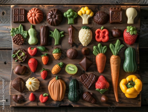 Assorted chocolate vegetables shaped in dark, white, and colorful varieties, artfully arranged on a rustic wooden board