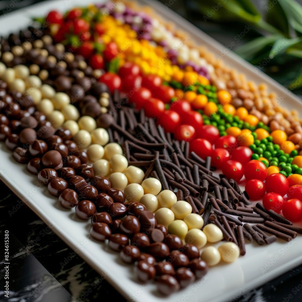 Detailed shot of various chocolate vegetables, such as dark chocolate corn, white chocolate tomatoes, and colorful chocolate peas, beautifully displayed on a white platter Detailed shot of various chocolate vegetables, such as dark chocolate corn, white chocolate tomatoes, and colorful chocolate peas, beautifully displayed on a white platter