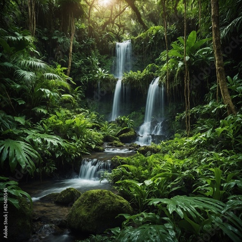 A lush green jungle with a hidden waterfall.  