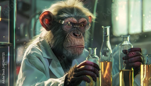 A humorous depiction of a monkey scientist in a laboratory setting with tubes, blending science and comedy