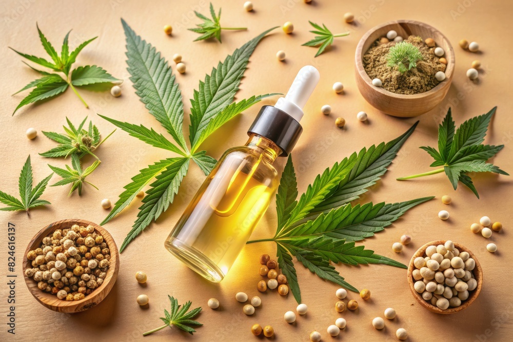 CBD hemp oil in a bottle and hemp seeds with cannabis leaves on a neutral background look natural. Hemp herbal alternative medicine. CBD hemp oil in a bottle and hemp seeds with cannabis leaves on a neutral background look natural. Hemp herbal alternative medicine.