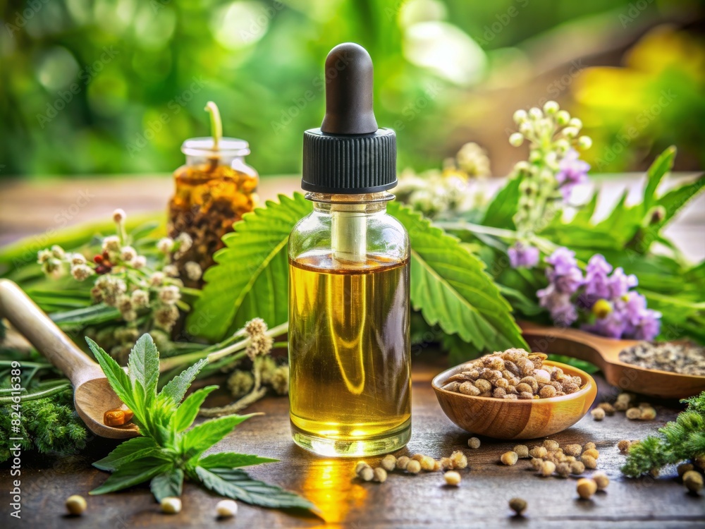 CBD hemp oil in a bottle and hemp seeds with cannabis leaves on a neutral background look natural. Hemp herbal alternative medicine. CBD hemp oil in a bottle and hemp seeds with cannabis leaves on a neutral background look natural. Hemp herbal alternative medicine.