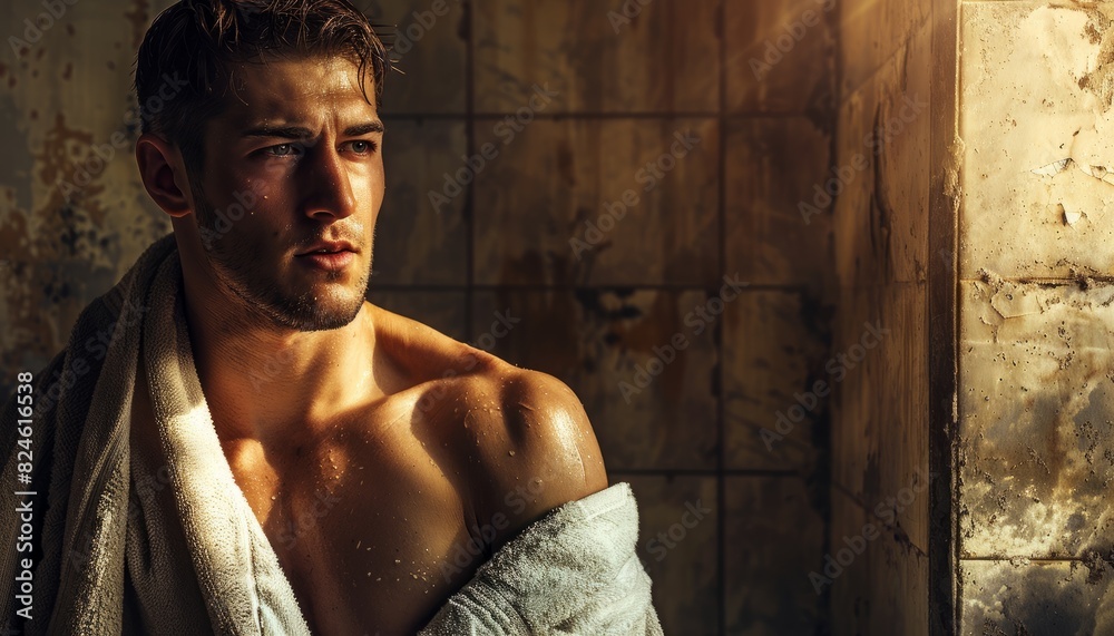 A portrait of a young handsome Caucasian muscular man, wrapped in a towel in a grungy bathroom setting, with space for additional content