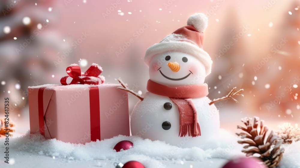 Cheerful snowman and giftwrapped box in a winter setting, capturing the holiday spirit Cheerful snowman and giftwrapped box in a winter setting, capturing the holiday spirit