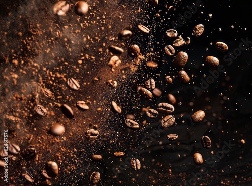 Realistic shot of a dark background with coffee powder and scattered beans floating in the air, creating an abstract design with black space around it