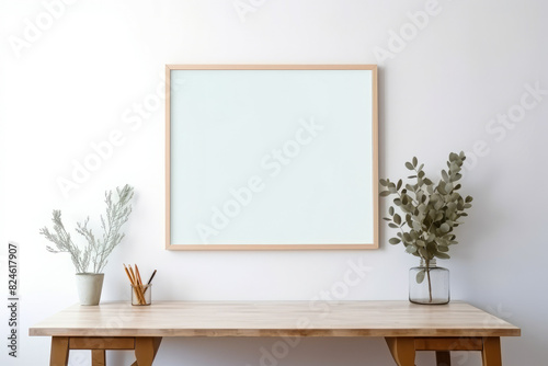 Wooden table with white framed picture on it and plant. photo