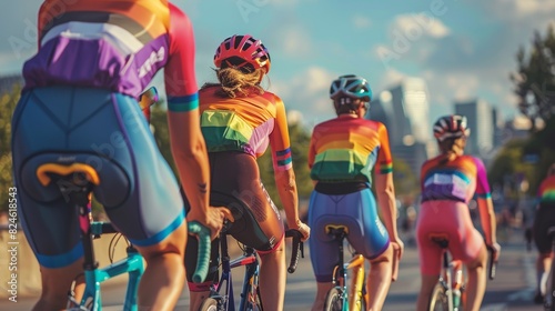 LGBTQ cycling group, pride flag jerseys, cityscape background, energetic and supportive
