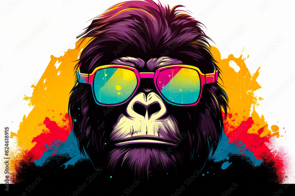 Monkey wearing sunglasses with colorful background and splash of paint. Monkey wearing sunglasses with colorful background and splash of paint.