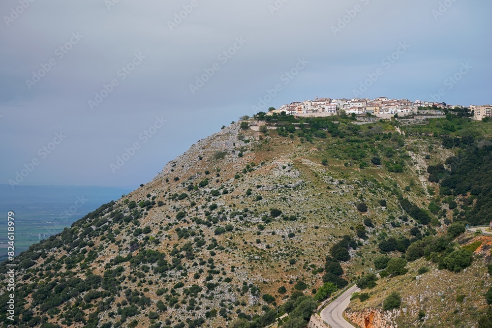 View of Rignano Garganico city on the top of the hill. Gargano, Italy, Europe. 