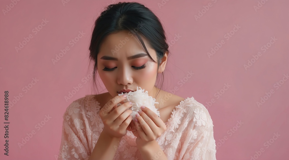 Beautiful attractive asian woman model sad expression holding rice Beautiful attractive asian woman model sad expression holding rice