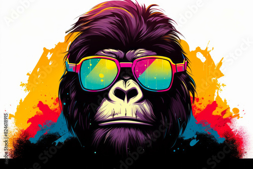 Monkey wearing sunglasses with colorful background and splash of paint.