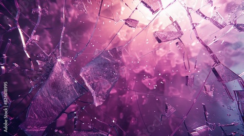Shattered glass ceiling with purple light streaming through, casting eerie reflections and shadows
