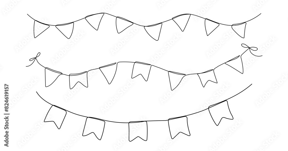 Fototapeta premium One line party garland sketches set. Hand drawn elements. Vector continuous outline isolated icon