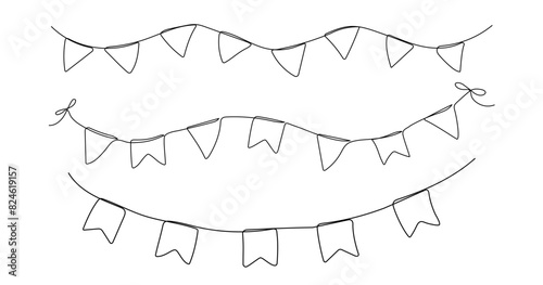 One line party garland sketches set. Hand drawn elements. Vector continuous outline isolated icon