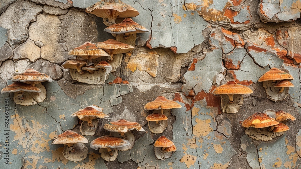 Rusty wall covered with mushrooms, intertwined with cracks and signs of neglect, urban decay theme Rusty wall covered with mushrooms, intertwined with cracks and signs of neglect, urban decay theme