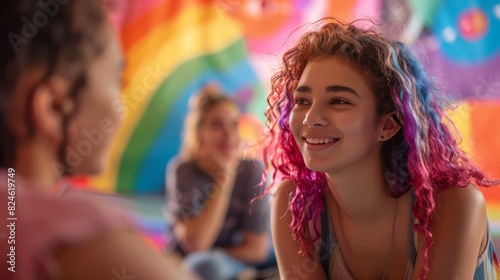 LGBTQ youth group meeting, rainbow decor, supportive environment, detailed faces © saichon