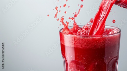 Red watermelon juice flowing smoothly into a glass, isolated background, bright studio lighting
