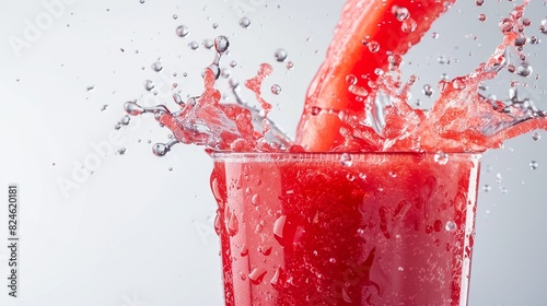 Red watermelon juice flowing smoothly into a glass, isolated background, bright studio lighting photo