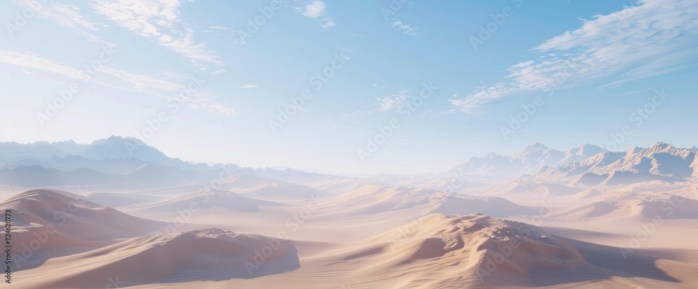 Fototapeta premium Realistic shot of a vast desert landscape with towering sand dunes stretching as far as the eye can see under clear blue skies