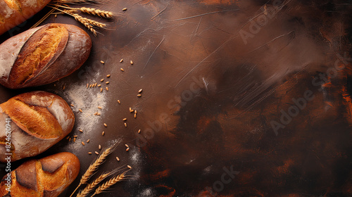 Bakery background with bread and wheat with copy space for text or design