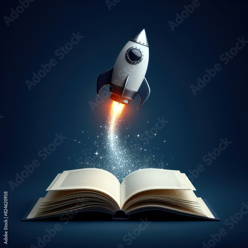 minimalistic rocket flying out of an open book Isolated background