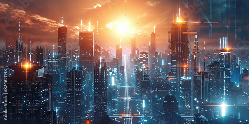 Futuristic metaverse smart city with sustainable tech security and energy resources photo
