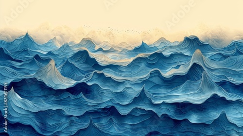 An artistic representation of layered paper waves in a range of blue tones with a vintage sepia sky and distant birds