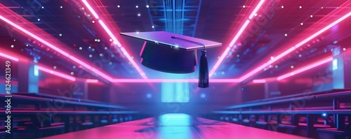 A futuristic cap and gown in neon lights, symbolizing graduation and academic achievement in a modern, technology-driven environment. photo