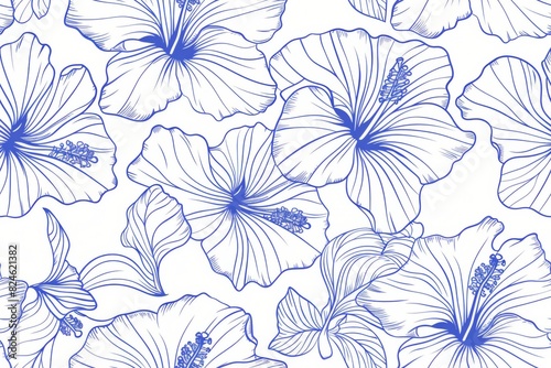 Seamless Blue Outline Hibiscus Flowers 