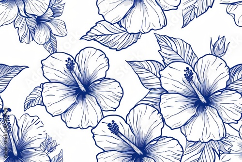 Seamless Blue Outline Hibiscus Flowers 