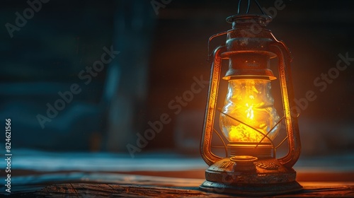 Close-up of a vintage oil lantern glowing warmly in a dimly lit rustic setting, evoking nostalgia and coziness with its soft, ambient light. photo