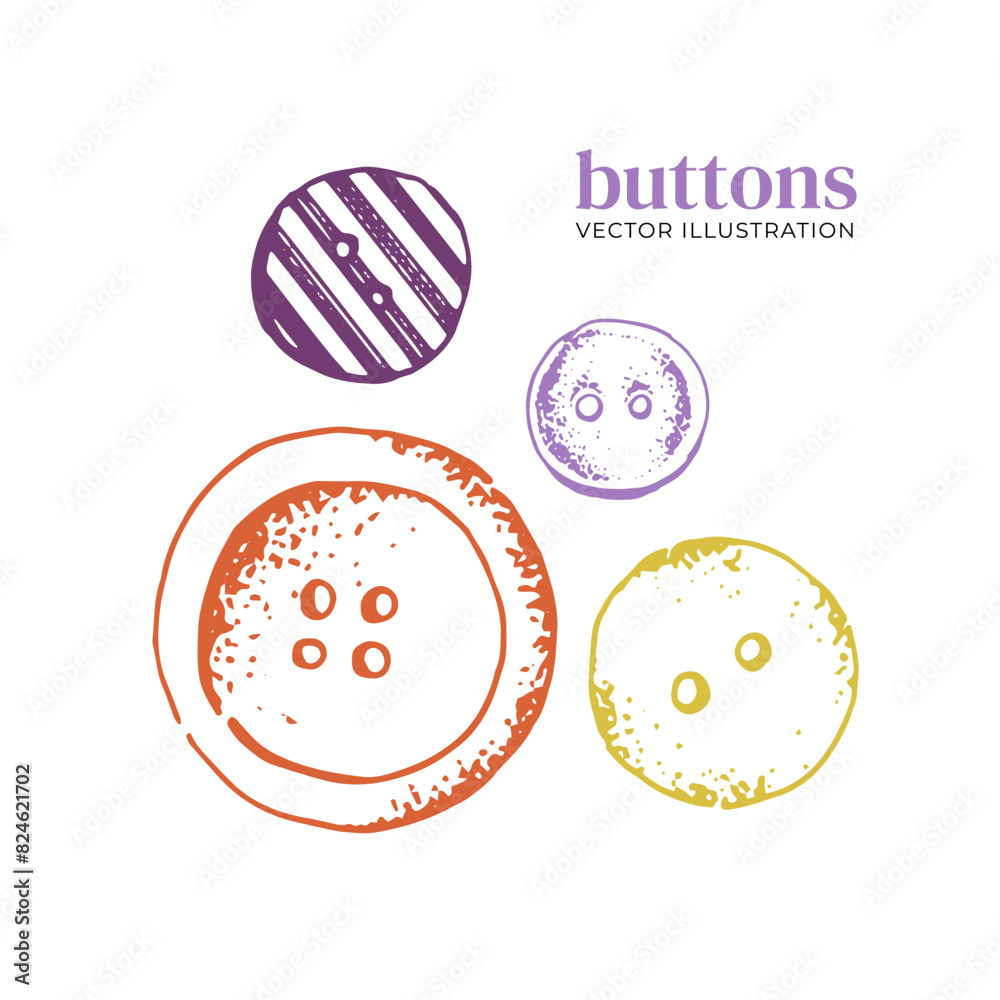 Buttons of different sizes and shapes. Accessories for clothing. Repair and tailoring to order, sewing workshop, atelier, sewing store. Vector illustration Buttons of different sizes and shapes. Accessories for clothing. Repair and tailoring to order, sewing workshop, atelier, sewing store. Vector illustration