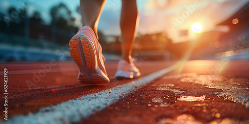 Close-up of runner's shoes on track at sunset, with stadium lights in the background. Captured from behind, focusing on the feet and athletic gear of a sprinter racing towards victory. The vibrant col photo