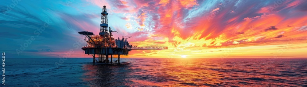 Dramatic sunset over an offshore oil rig platform in the ocean, with vibrant colors and dynamic clouds in the sky.