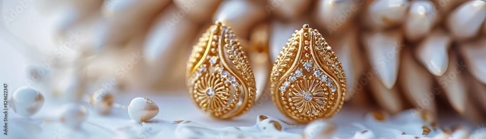 Elegant gold earrings with intricate design in a soft focus background, showcasing luxury and craftsmanship. Elegant gold earrings with intricate design in a soft focus background, showcasing luxury and craftsmanship.