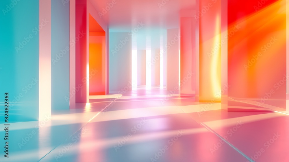 Abstract colorful architectural space with vibrant pink, blue, and orange lighting creating a futuristic and dynamic atmosphere.