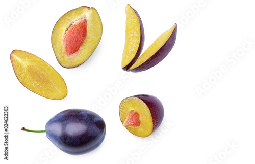 piece of fresh plum fruit isolated on white background. clipping path