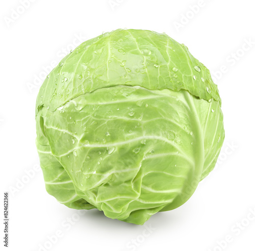 green cabbage with drops isolated on white background. clipping path