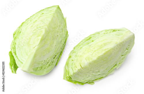 Cut of green cabbage isolated on white background. clipping path