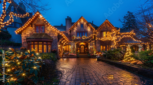 Christmas lights on fancy home in suburbs © Xabi