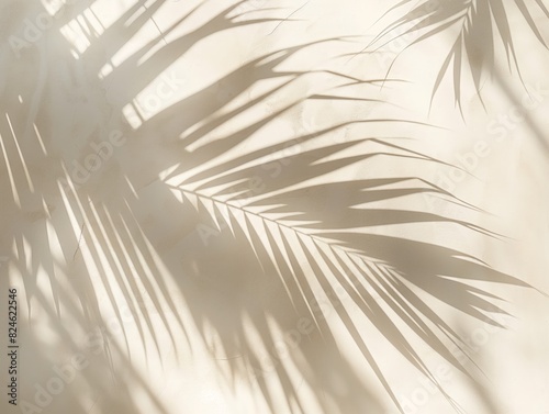 Soft shadows of palm leaves cast on a beige wall, creating a serene and tropical atmosphere.