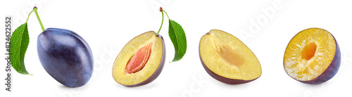 fresh plum fruit with green leaf isolated on white background. clipping path