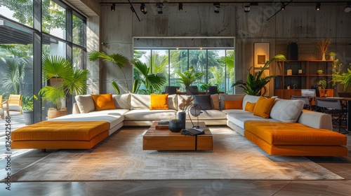 Modern living space with an orange sectional sofa, elegant furniture, and a nature view