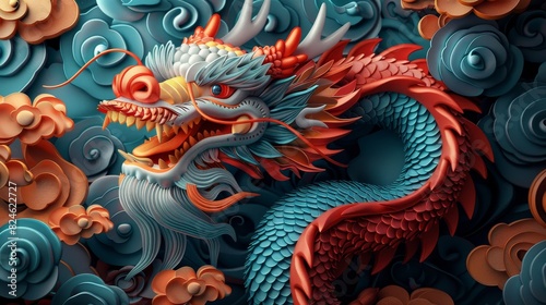 A vibrant 3D illustration of a traditional Chinese dragon entwined amongst stylized clouds