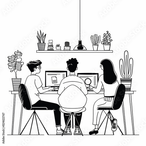 teamwork in the office, black lines vector illustraction on white background