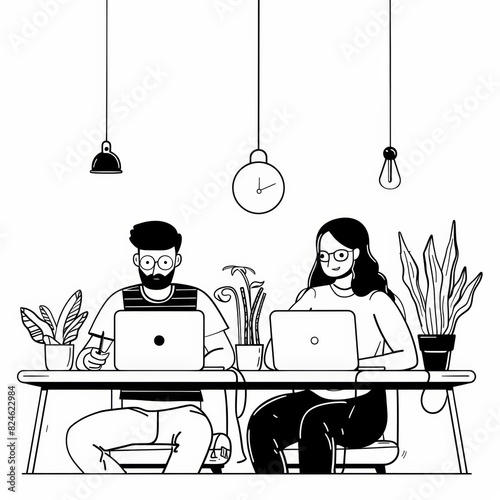 teamwork in the office, black lines vector illustraction on white background
