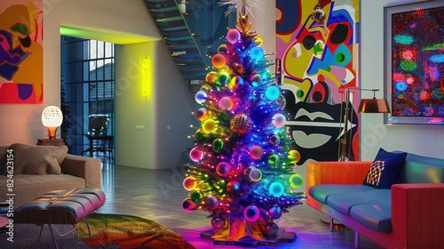 Wallpaper Mural Opulent Christmas Tree in Modern Luxury Apartment: An image of a grand Christmas tree decorated with elegant ornaments, twinkling fairy lights, and a sparkling star on top. Torontodigital.ca