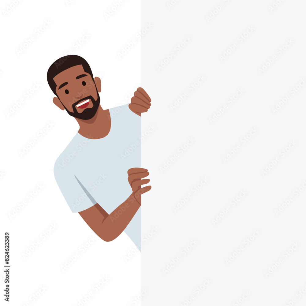Peeking behind the wall with man hold his hands on edge of blank with copy space. Flat vector illustration isolated on white background Peeking behind the wall with man hold his hands on edge of blank with copy space. Flat vector illustration isolated on white background