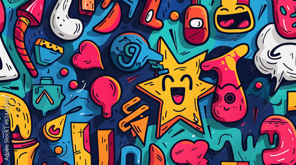 Obraz premium Graffiti seamless pattern with line icons collage.